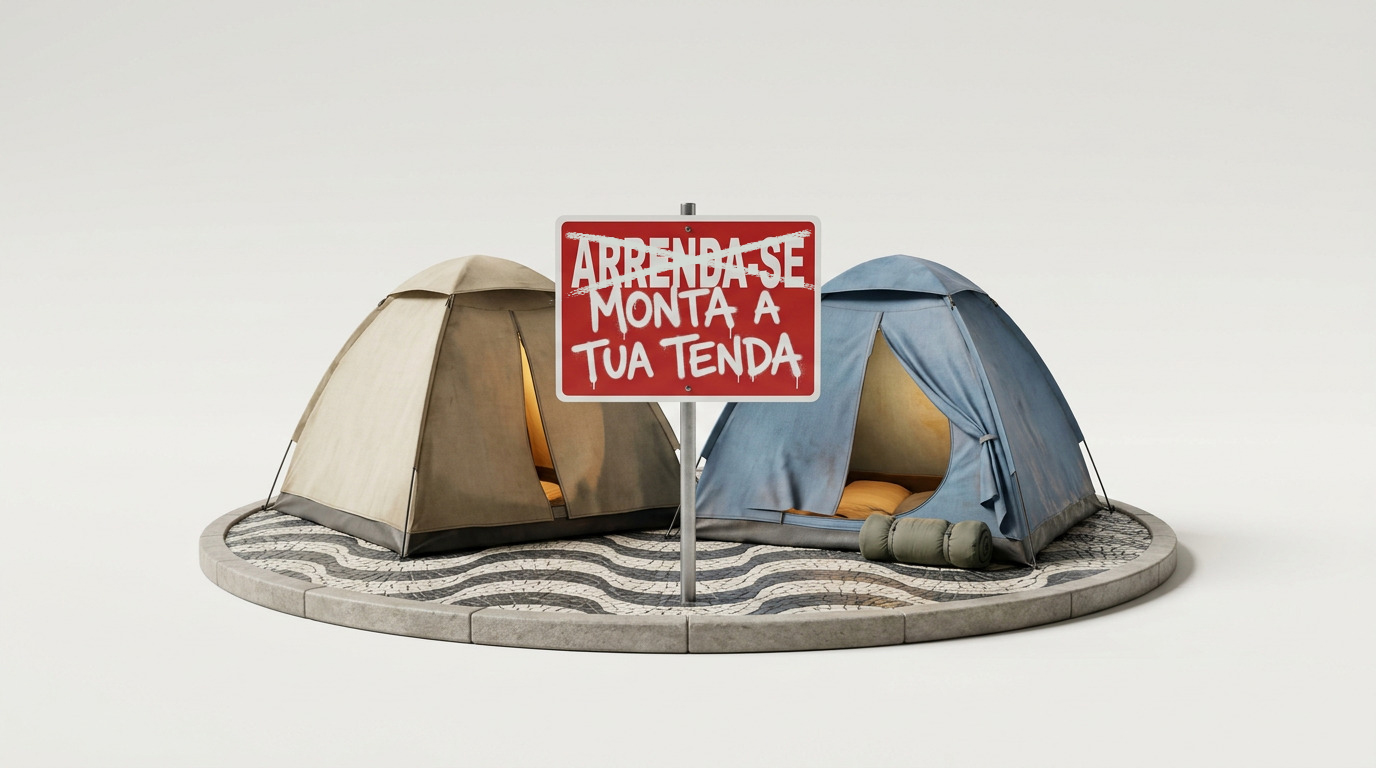 Monta a Tua Tenda: duas tendas, uma bege e uma azul, sobre calçada portuguesa, e uma placa vermelha onde «Arrenda-se» está riscado e, por baixo, pintado à mão, «Monta a tua tenda».